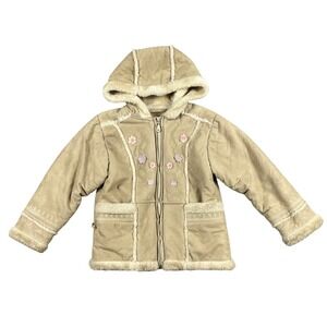 Kids Girls Fleece Lined Suede Like Hooded Jacket Size M 5/6 Tan Floral Vintage